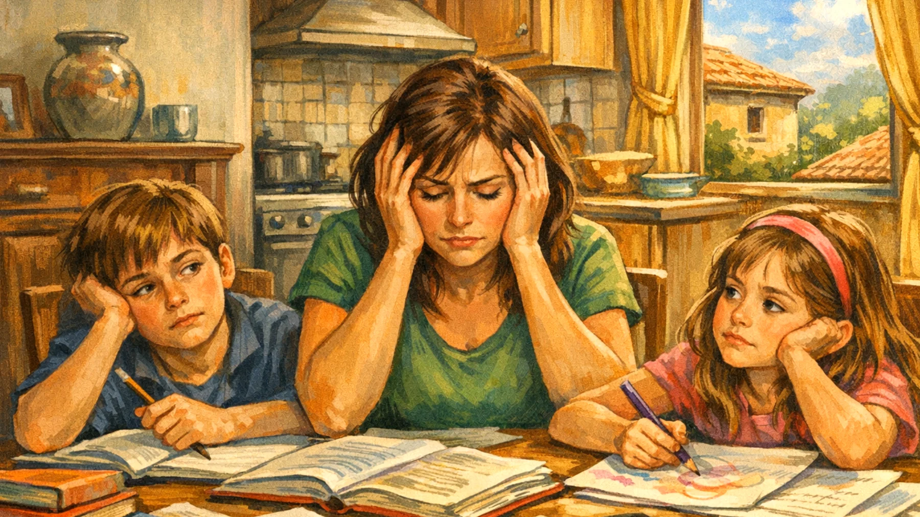 Una mamma con bambini piccoli che faticano a concentrarsi sui compiti, si distraggono facilmente e mostrano scarso interesse per le attività scolastiche, generando frustrazione reciproca durante i momenti dedicati allo studio"