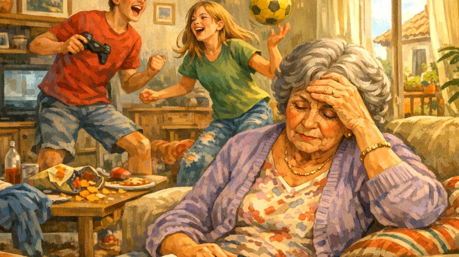 Nonna che si sente fisicamente e mentalmente esausta nel gestire i nipoti adolescenti, con poco supporto dalla famiglia e difficoltà a mantenere il ritmo delle loro esigenze ed energie"