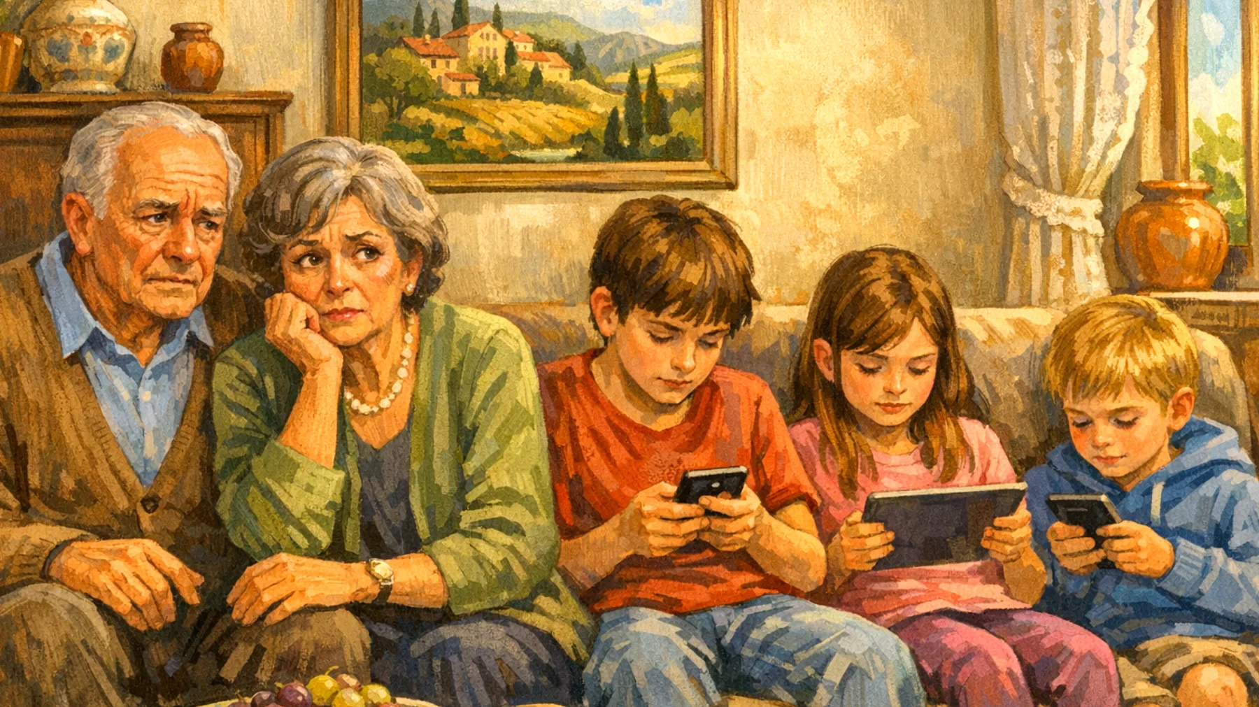 I nonni faticano a gestire l'uso eccessivo di smartphone, tablet e videogiochi da parte dei nipoti bambini durante il tempo trascorso insieme, creando tensioni tra intrattenimento tecnologico e attività relazionali"