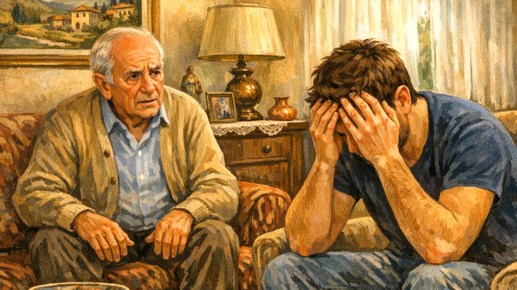 Il nonno fatica a comprendere e gestire le reazioni emotive intense del nipote giovane adulto, che manifesta ansia e frustrazione per le pressioni lavorative e le scelte di vita, creando incomprensioni e distanza nel loro rapporto"