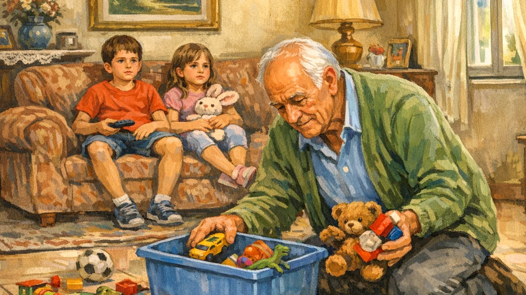 Il nonno fatica a coinvolgere i nipoti bambini nelle attività quotidiane come riordinare i giochi, apparecchiare o preparare semplici merende, e si ritrova spesso a fare tutto da solo mentre i bambini continuano a giocare o guardare la TV senza collaborare"