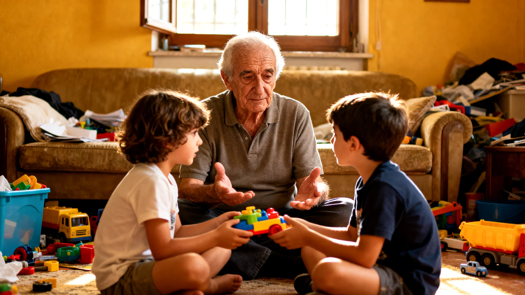 Il nonno si trova a gestire episodi frequenti di gelosia e rivalità tra i nipoti bambini durante le visite o quando li accudisce insieme, con litigi per i giocattoli, per l'attenzione ricevuta e competizione continua che creano tensione e rendono difficile mantenere un clima sereno"