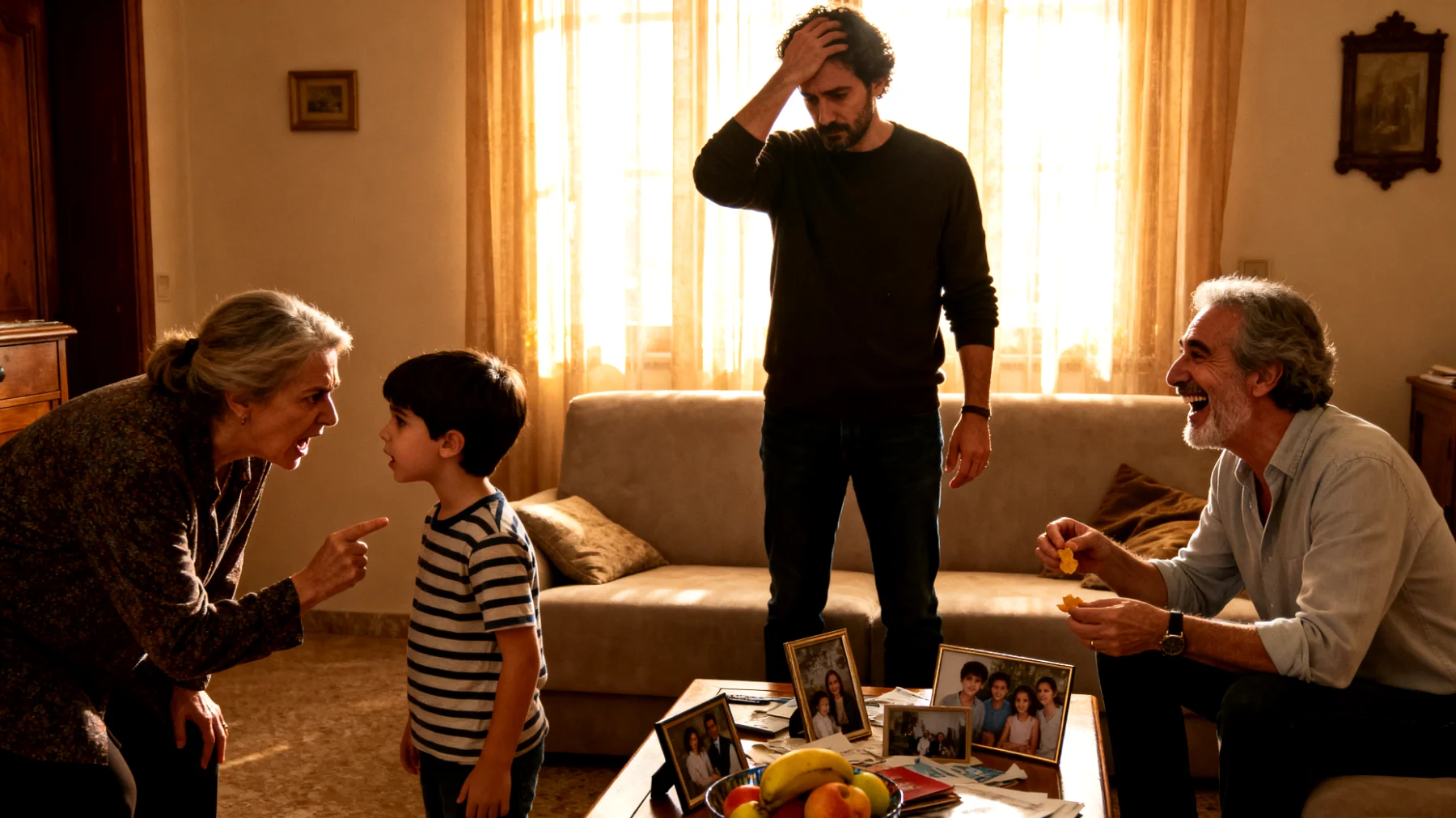 Il papà si trova in conflitto con i suoceri o con i propri genitori riguardo alle scelte educative e alle regole da applicare con i bambini, creando tensioni familiari e confusione nei piccoli che ricevono messaggi contrastanti"